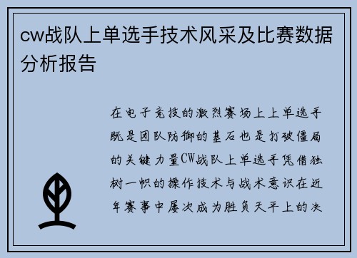 cw战队上单选手技术风采及比赛数据分析报告