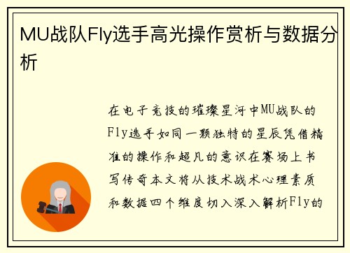 MU战队Fly选手高光操作赏析与数据分析