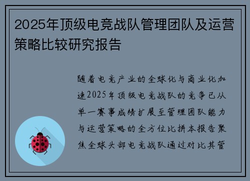 2025年顶级电竞战队管理团队及运营策略比较研究报告